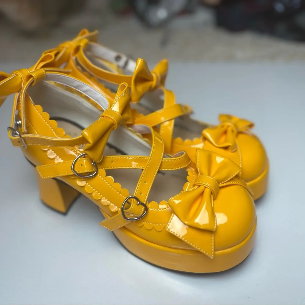 Antaina Yellow Coquette Lolita Bows Strappy Chunky HeelPlatform Shoe NWOT 7.5-8? - Picture 5 of 16